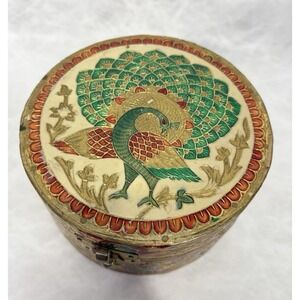 Vintage Indian Peacock‎ Trinket Box Hand Painted Papier Mache Jewelry Box 4.75"